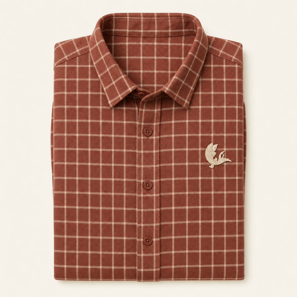 Geru — red oxide check Oxford shirt, folded