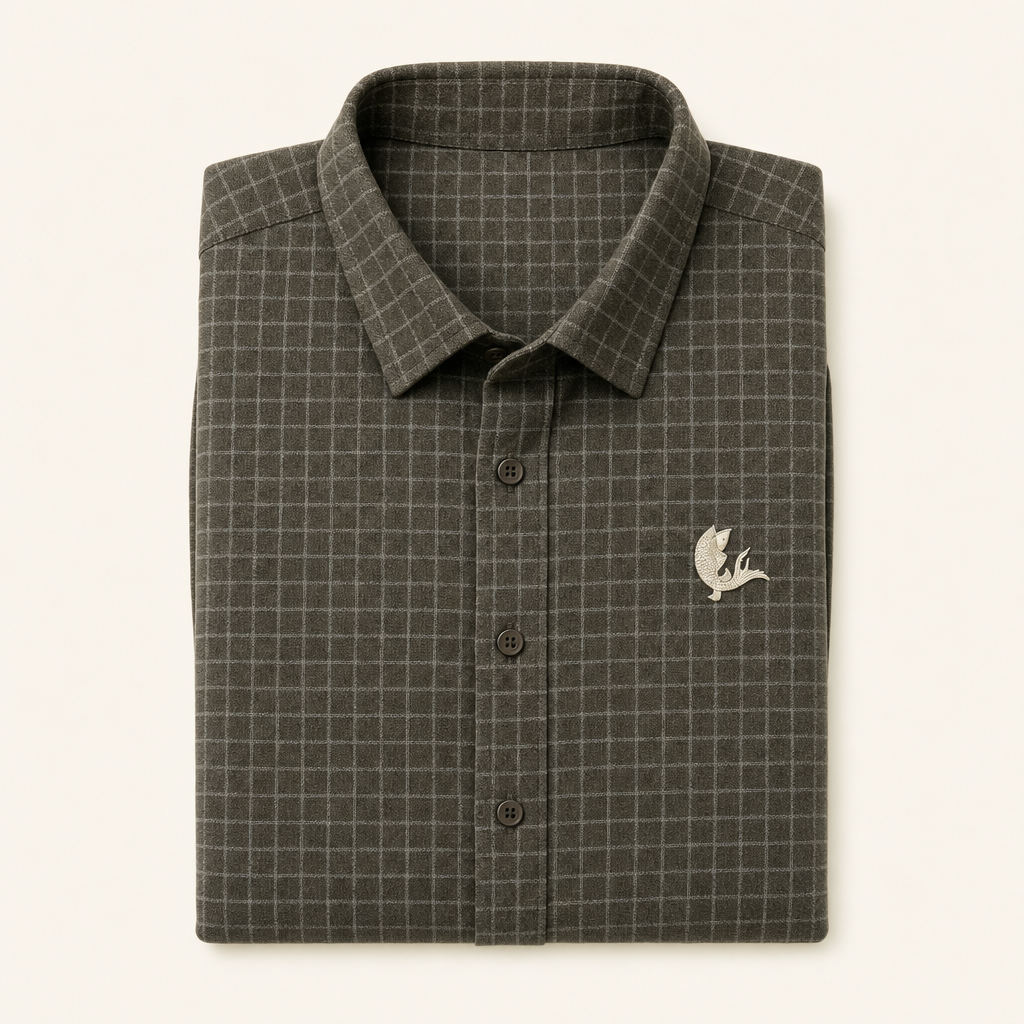 Silt — dark earth check Oxford shirt, folded