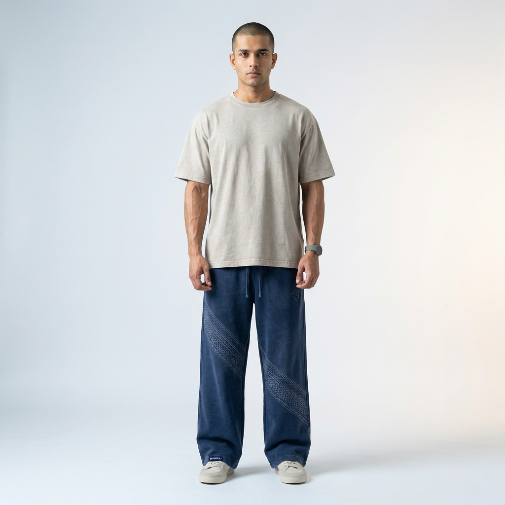 Bel washed indigo baggy wide-leg sweatpants worn by model — MTSYA DELUGE 01