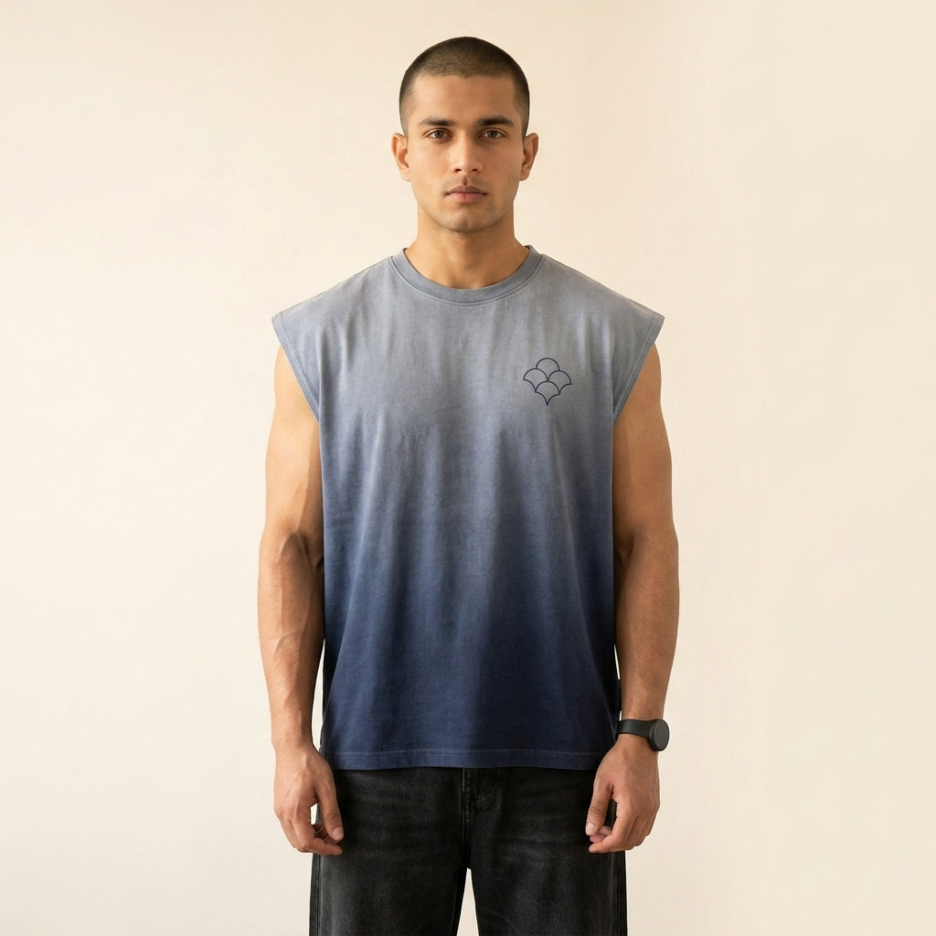 Dhoop indigo sun-fade oversized tank top worn by model — MTSYA DELUGE 01