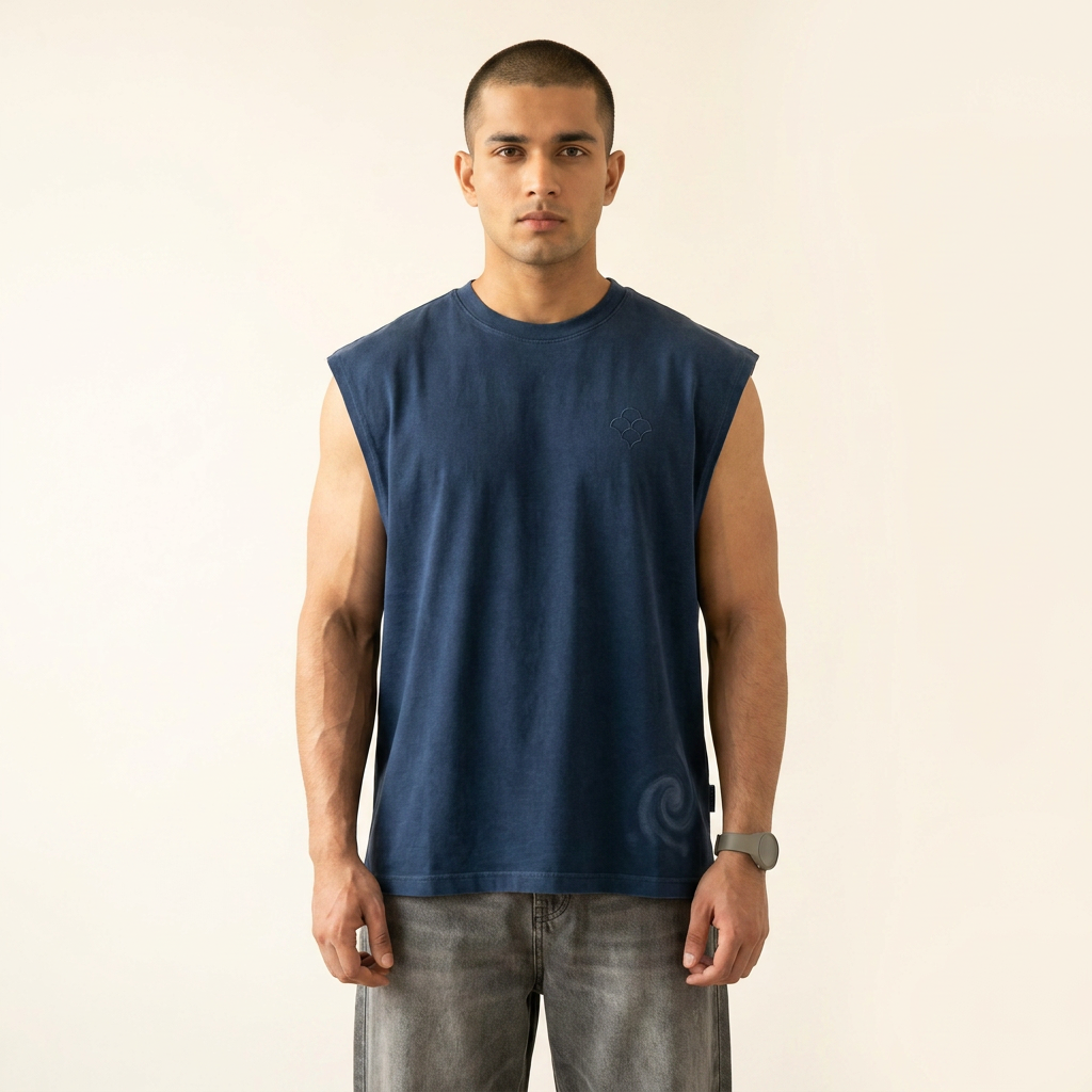 Bhanwar navy whirlpool oversized tank top worn by model — MTSYA DELUGE 01
