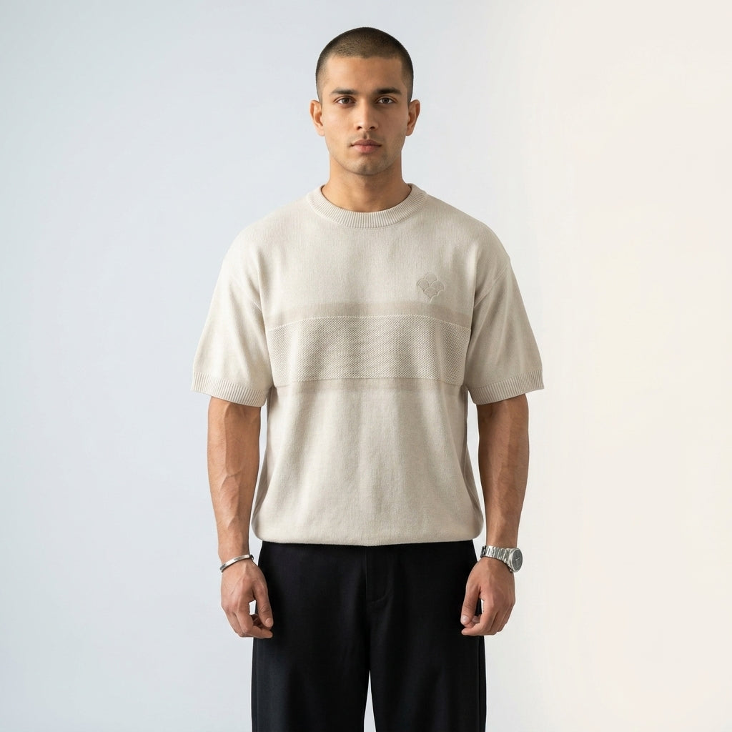 Rekha ecru knit oversized t-shirt with chest band worn by model — MTSYA DELUGE 01