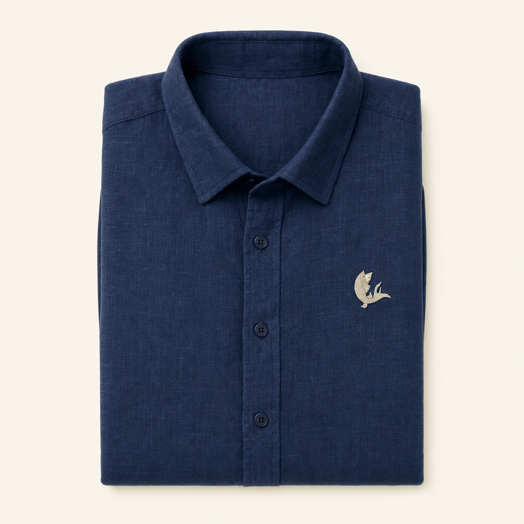 Deluge Indigo — navy linen shirt, folded