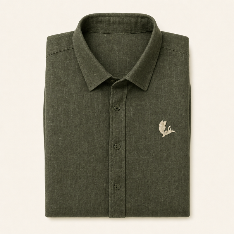 Coast Olive — olive linen shirt, folded