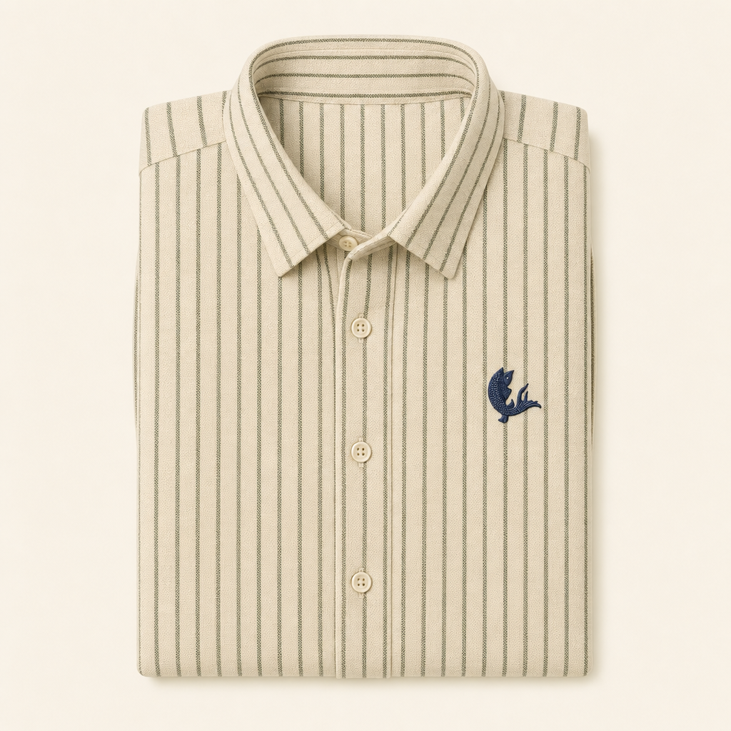 After, On Land — olive striped Oxford shirt, folded