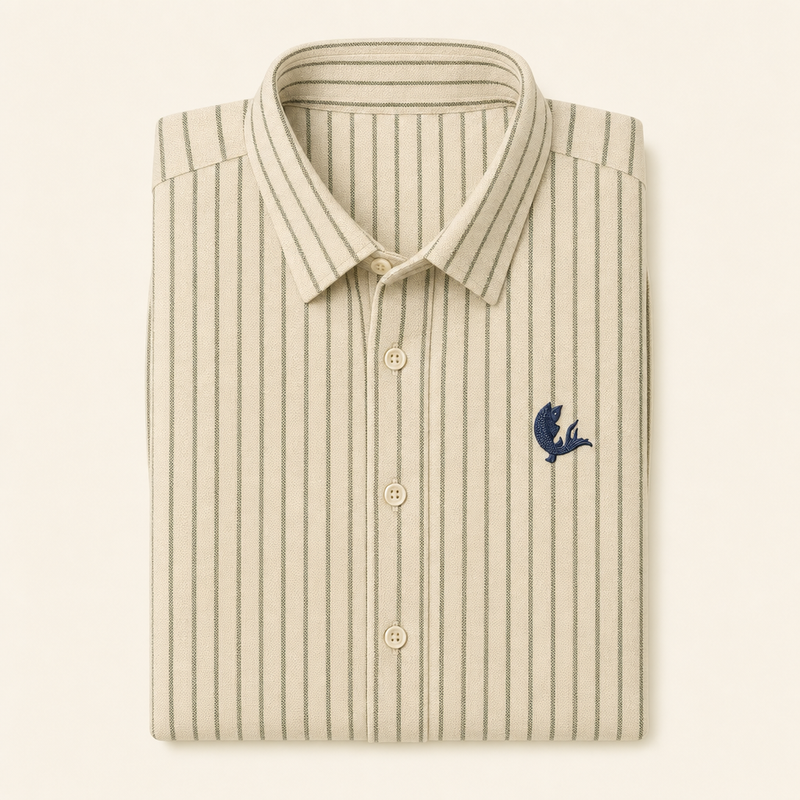 After, On Land — olive striped Oxford shirt, folded