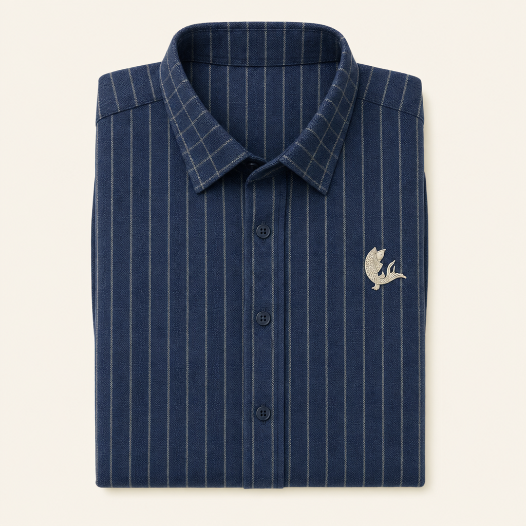 Night Rain — indigo ground striped Oxford shirt, folded