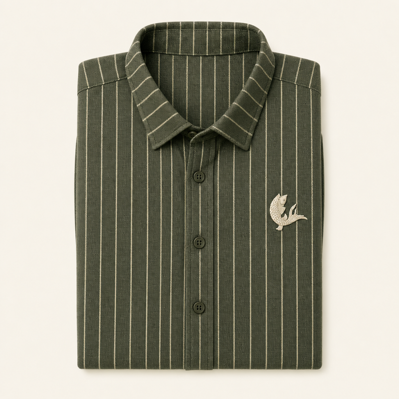 Dusk Field — olive ground pinstriped Oxford shirt, folded