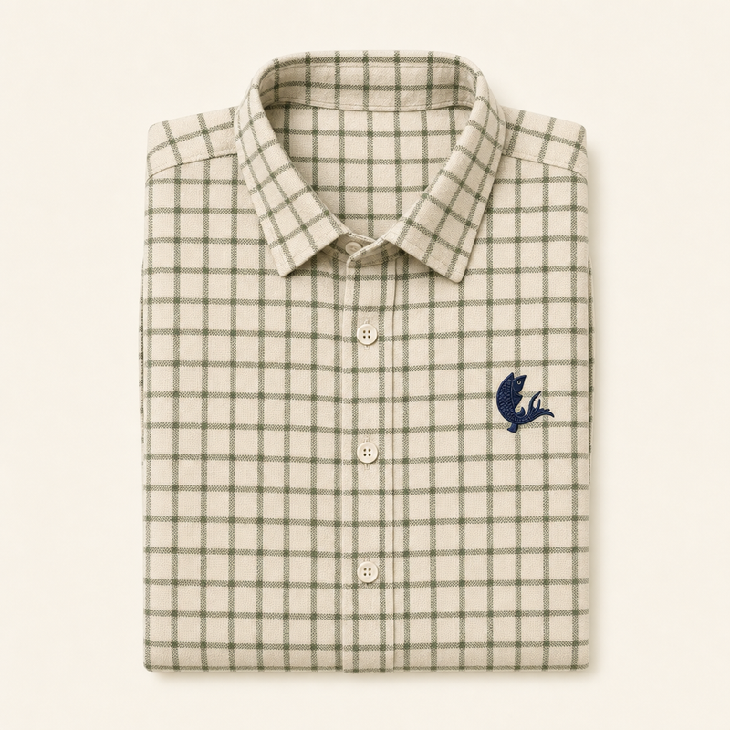 The Planking — olive check Oxford shirt, folded