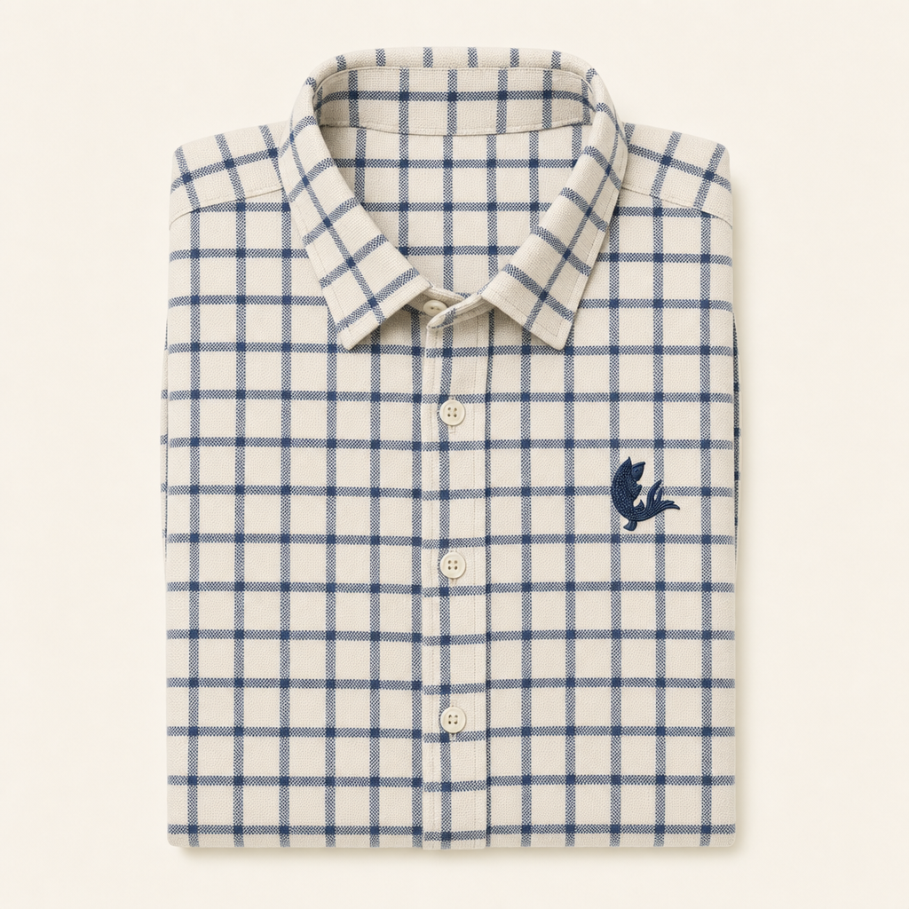 The Frame — large indigo check Oxford shirt, folded