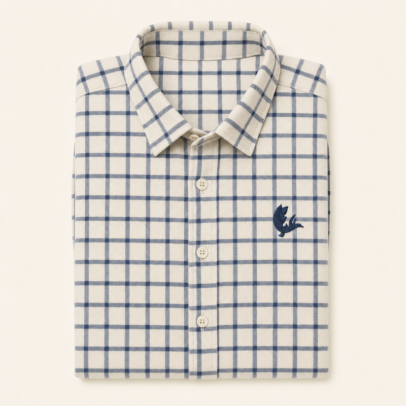 The Frame — large indigo check Oxford shirt, folded