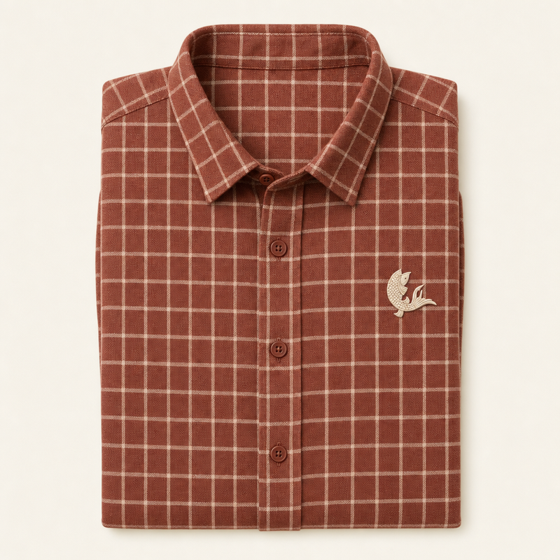Geru — red oxide check Oxford shirt, folded