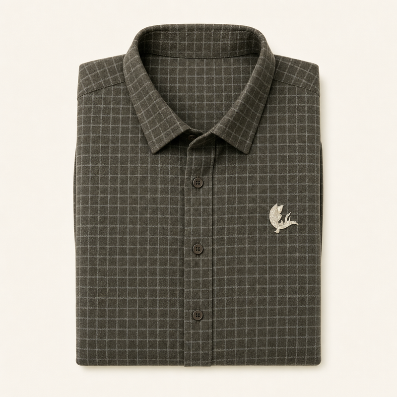 Silt — dark earth check Oxford shirt, folded