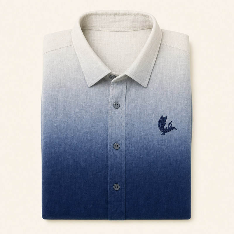 Tideline — shirt with colour rising from white to indigo, folded