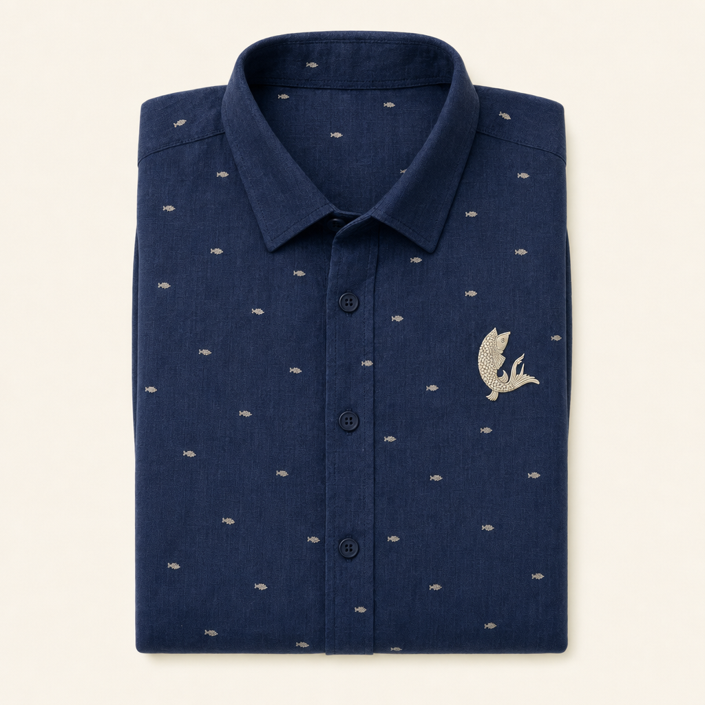 Shoal — indigo jamdani shirt with woven fish motifs, folded