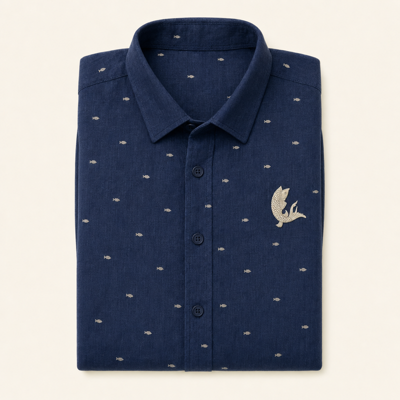 Shoal — indigo jamdani shirt with woven fish motifs, folded