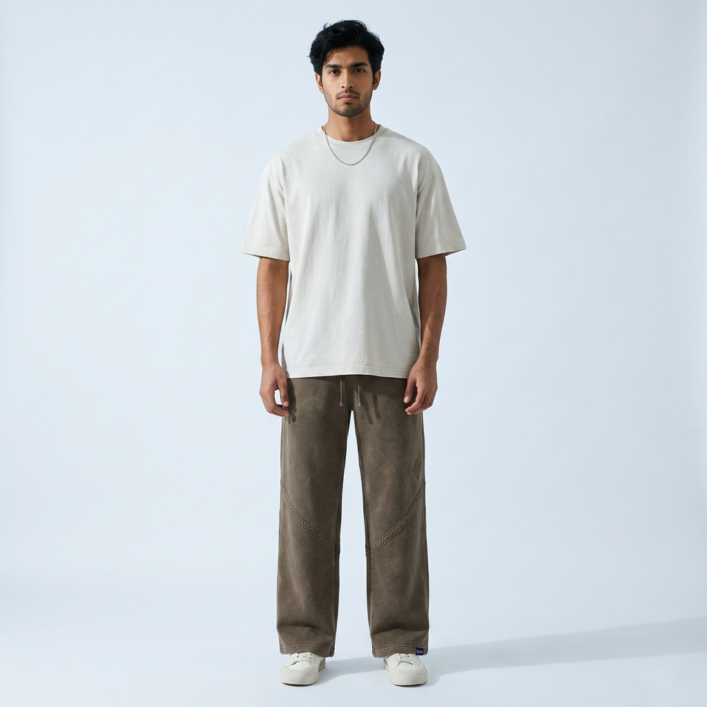 Gaad mud brown baggy wide-leg sweatpants worn by model — MTSYA DELUGE 01