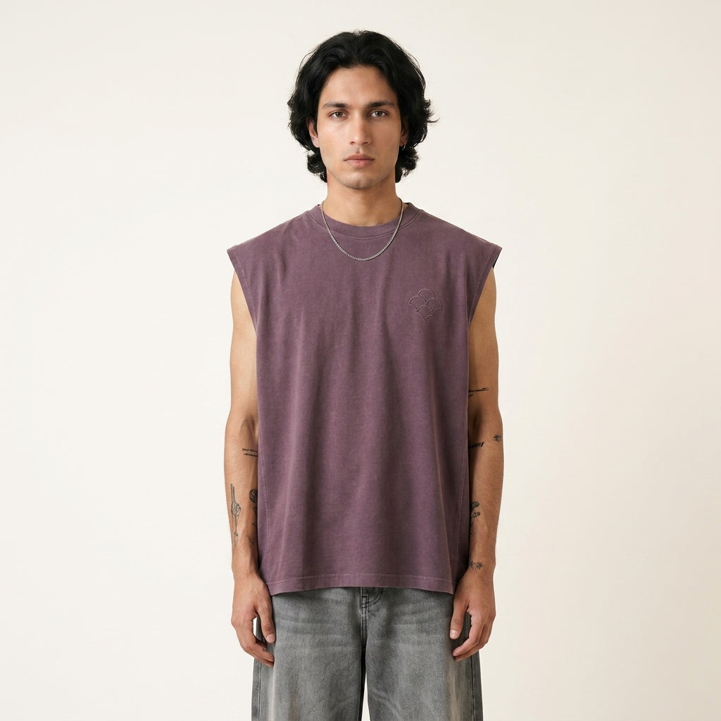 Jamun plum stone-washed oversized tank top worn by model — MTSYA DELUGE 01