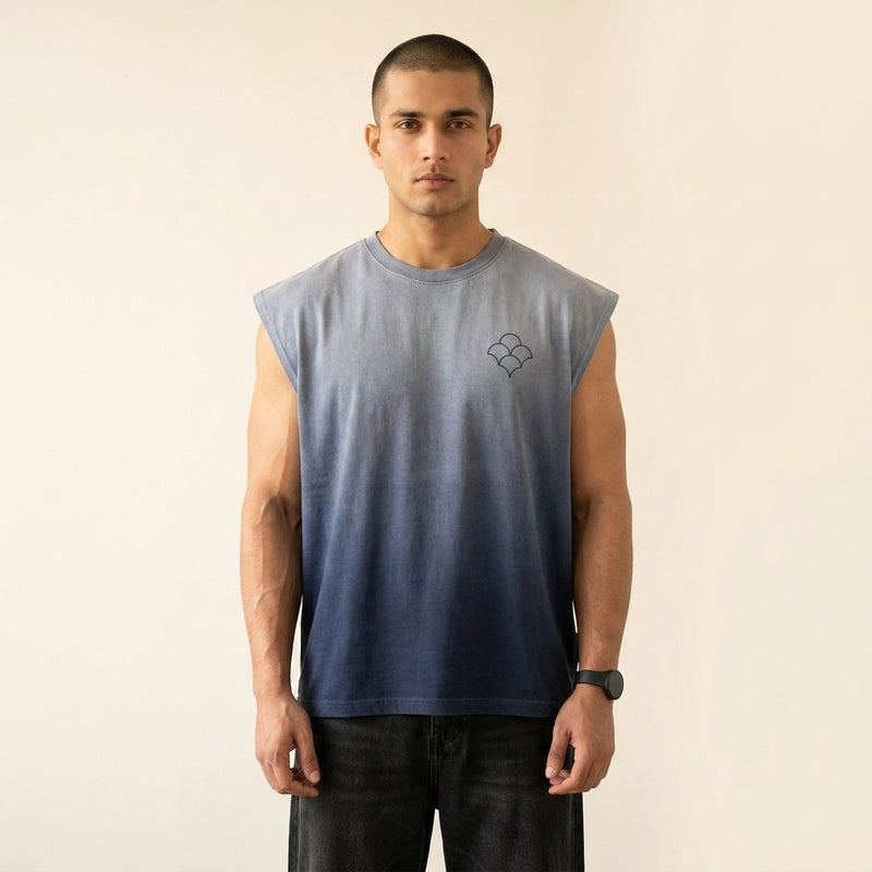 Dhoop indigo sun-fade oversized tank top worn by model — MTSYA DELUGE 01