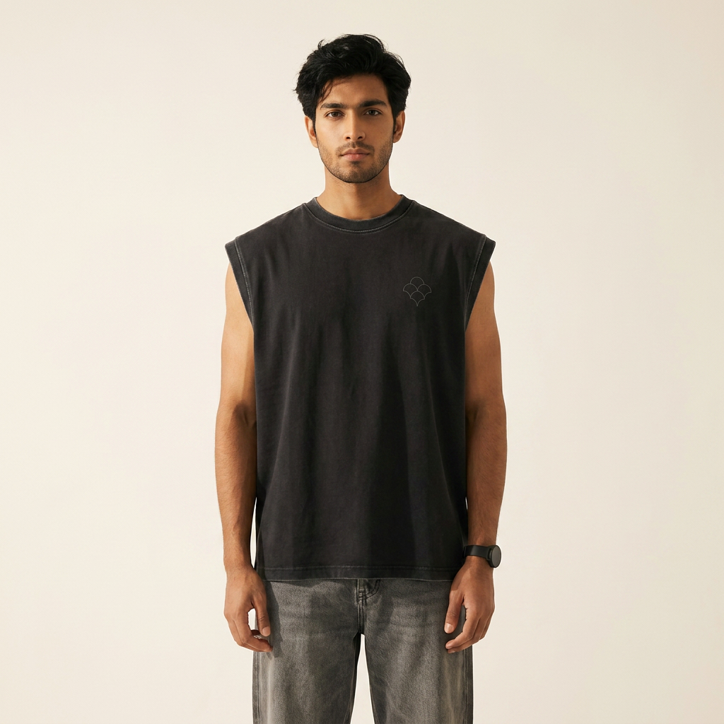 Kajal washed black oversized tank top worn by model — MTSYA DELUGE 01