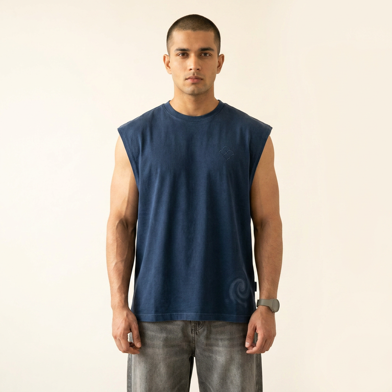 Bhanwar navy whirlpool oversized tank top worn by model — MTSYA DELUGE 01