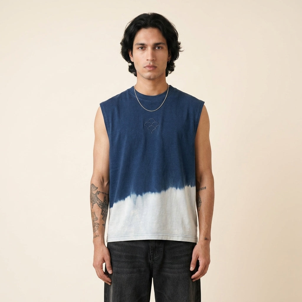 Namak indigo salt-tideline oversized tank top worn by model — MTSYA DELUGE 01