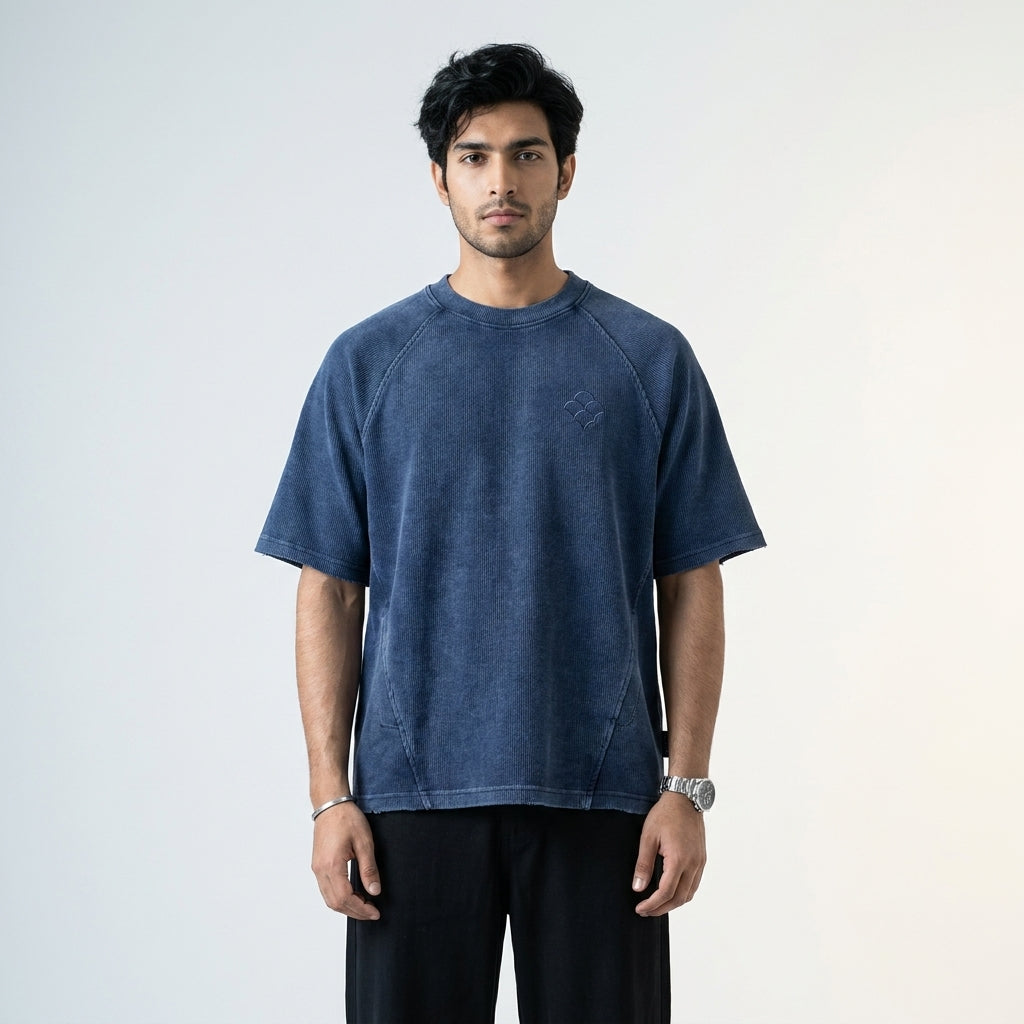 Depth washed indigo heavyweight oversized t-shirt worn by model — MTSYA DELUGE 01
