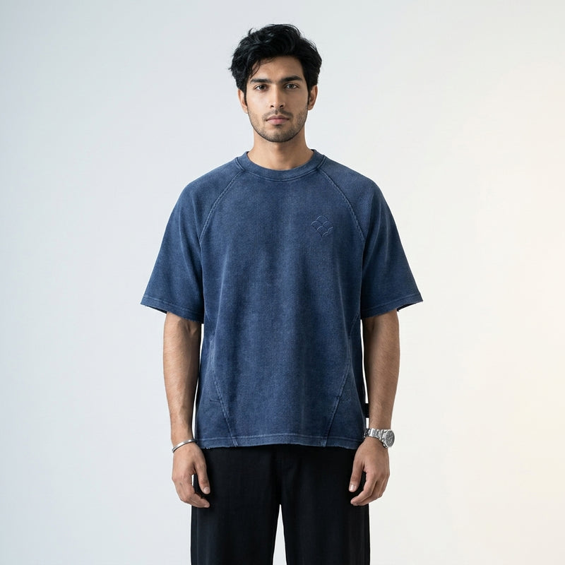 Depth washed indigo heavyweight oversized t-shirt worn by model — MTSYA DELUGE 01