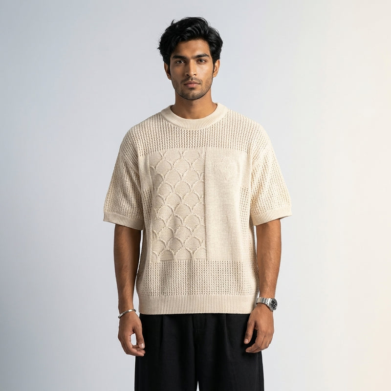 Net ecru open-knit textured oversized t-shirt worn by model — MTSYA DELUGE 01