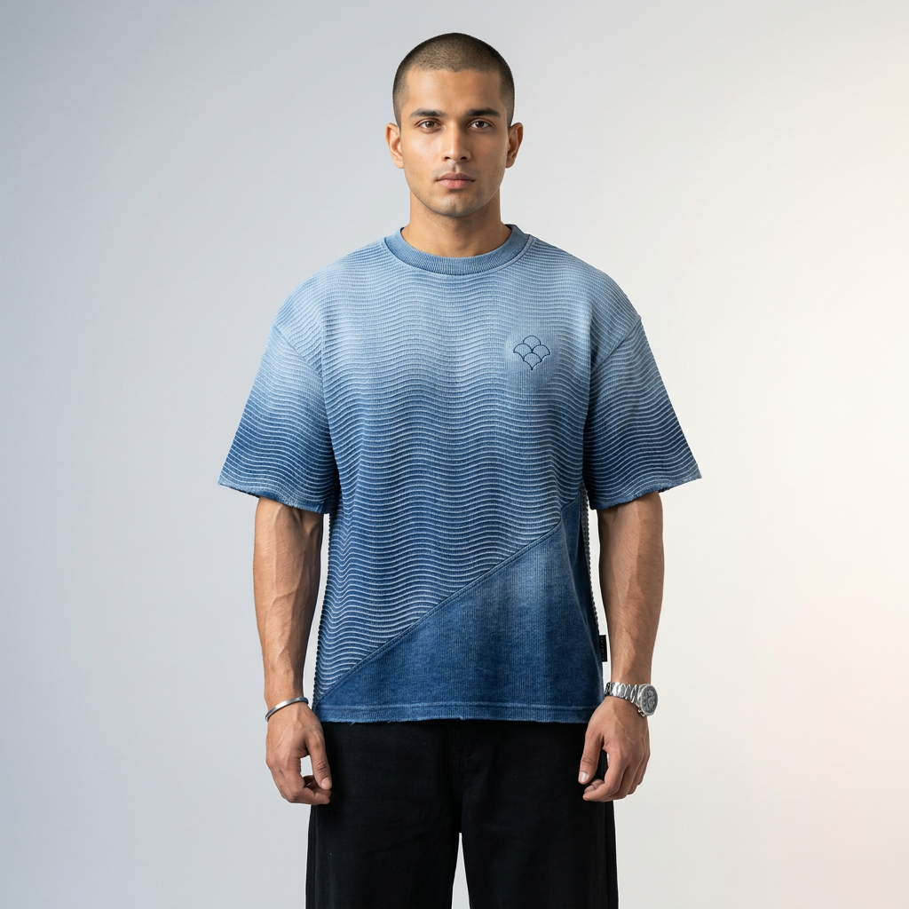 Ripple indigo ombre ribbed oversized t-shirt worn by model — MTSYA DELUGE 01