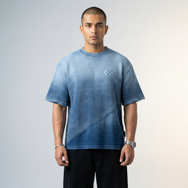 Ripple indigo ombre ribbed oversized t-shirt worn by model — MTSYA DELUGE 01