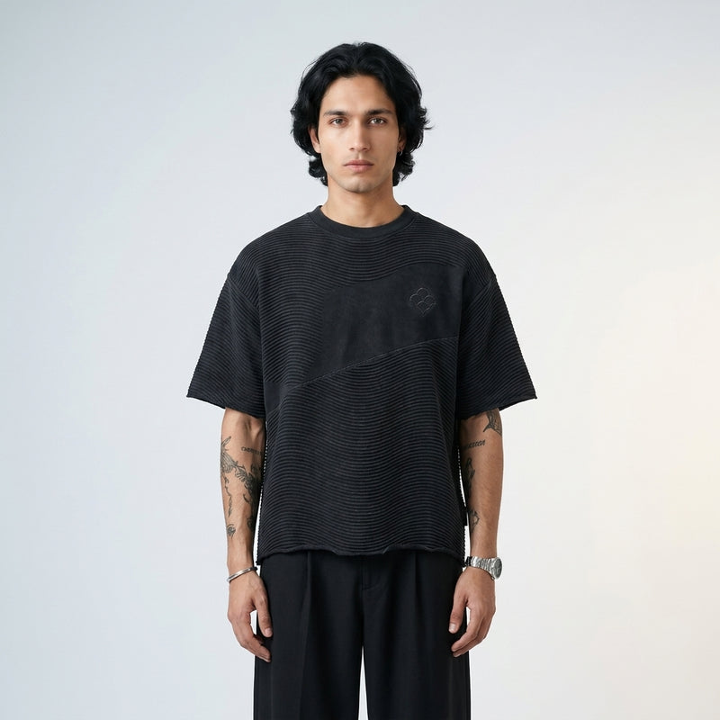 Abyss washed black wave-rib oversized t-shirt worn by model — MTSYA DELUGE 01
